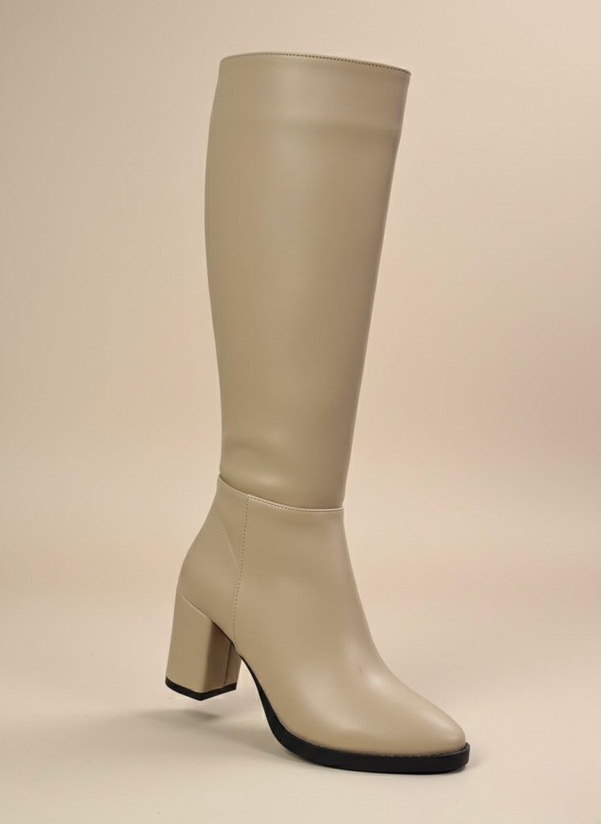 Bej Klasik Blok Topuk Uzun Bot