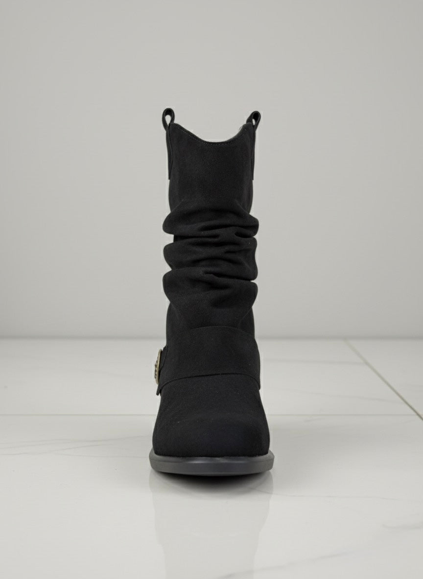 Süet Görünümlü, Tokalı Büzgülü Siyah Western Bot