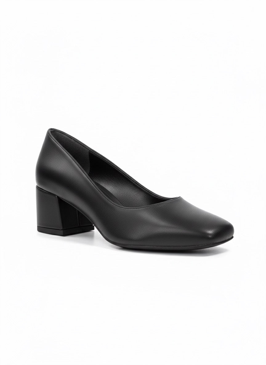 Siyah Küt Burunlu Kalın Blok Topuklu Klasik Ayakkabı