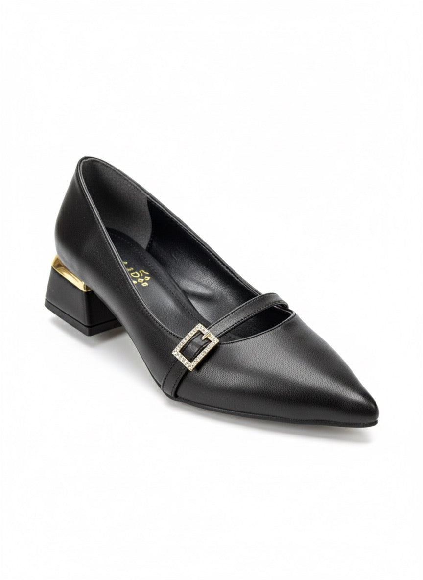  Taş Tokalı Siyah Sivri Burun Alçak Topuk Mary Jane