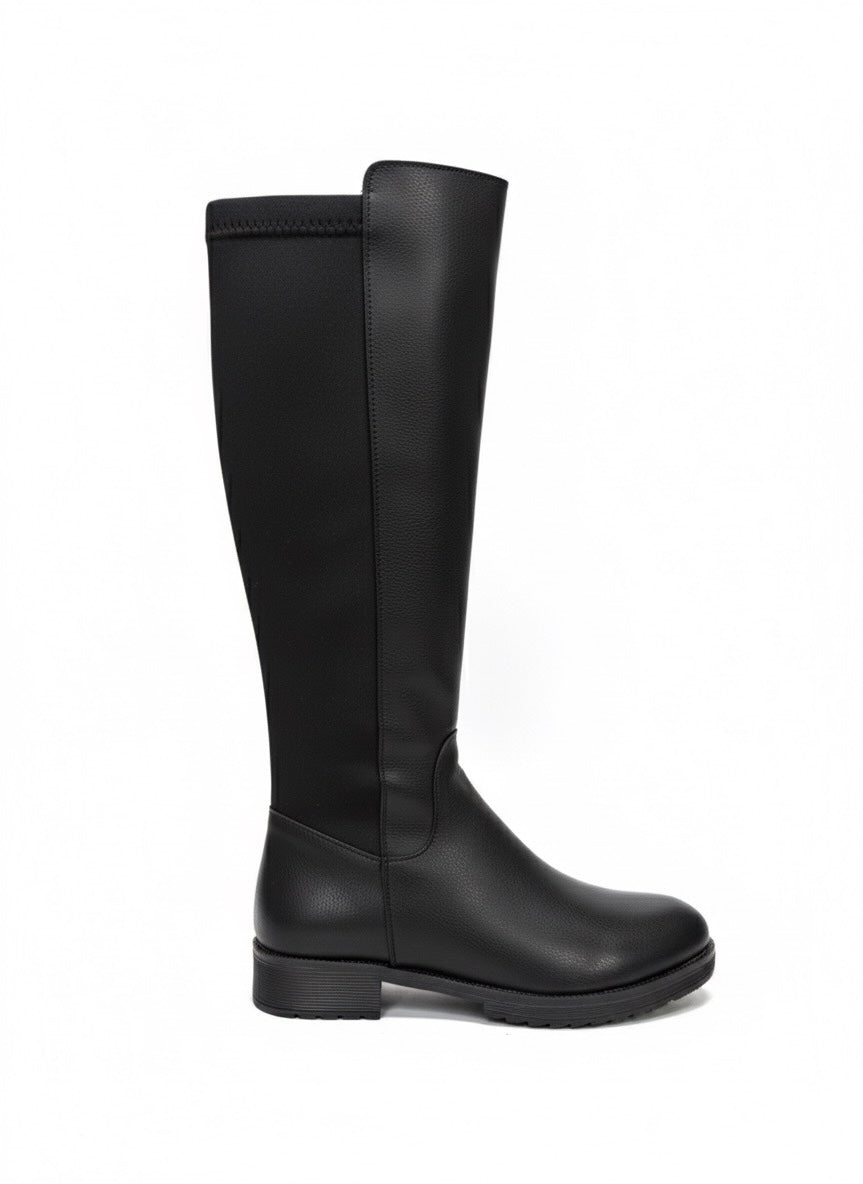 Diz Altı Streç Dalgıç Siyah Düz Taban Çizme