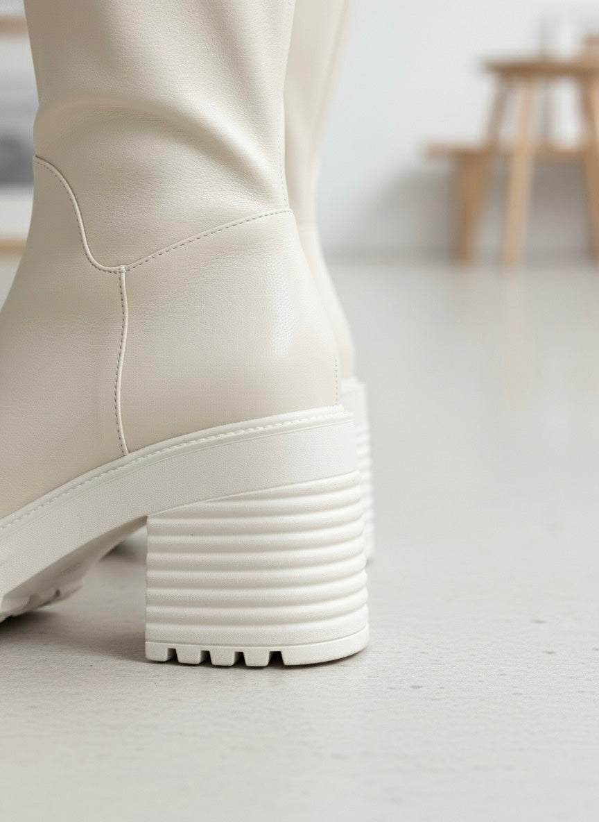 Ekru Rengi Kalın Tabanlı ve Blok Topuklu Uzun Bot