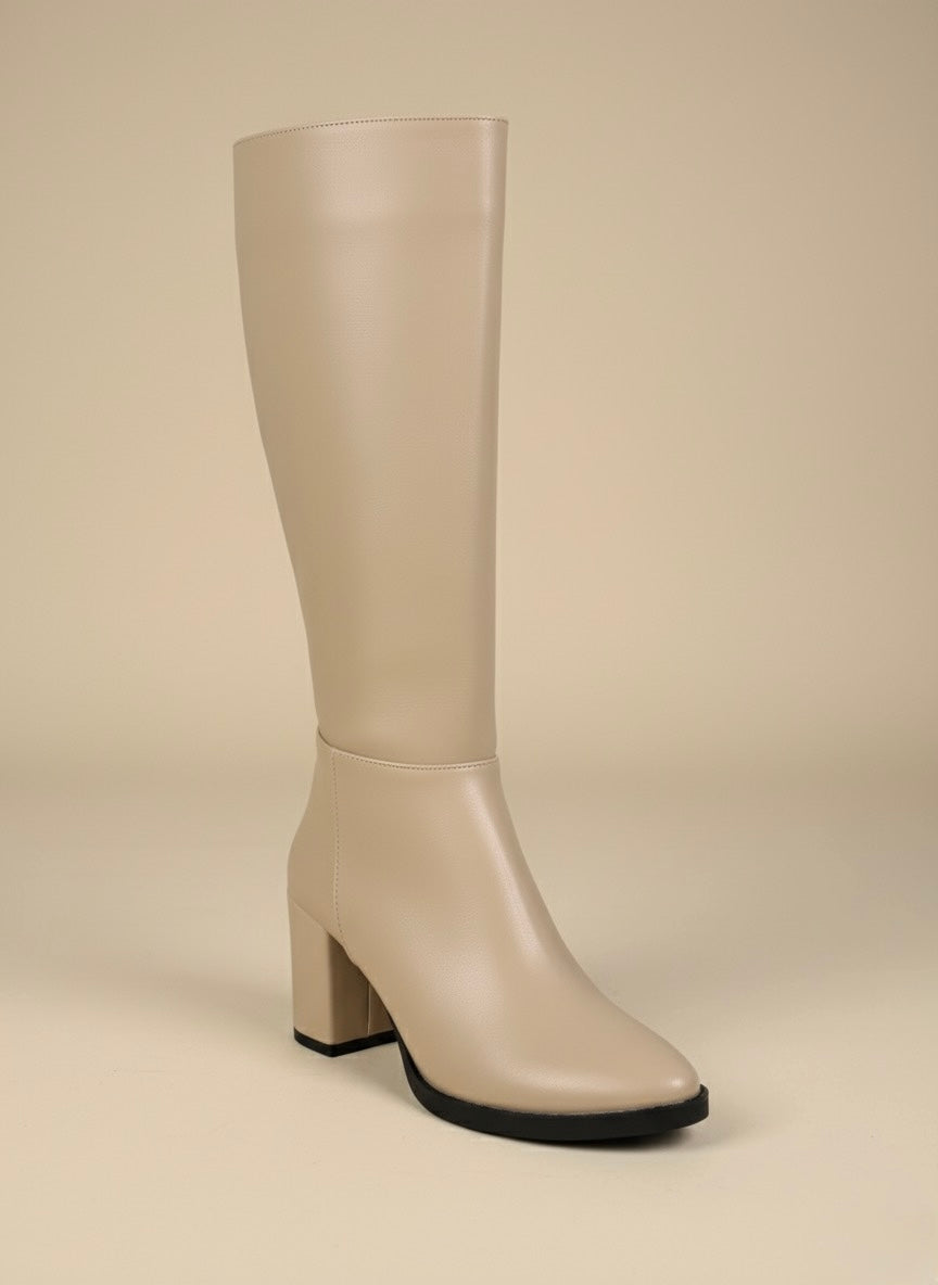 Bej Klasik Blok Topuk Uzun Bot