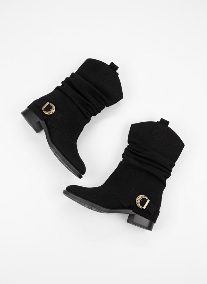 Süet Görünümlü, Tokalı Büzgülü Siyah Western Bot