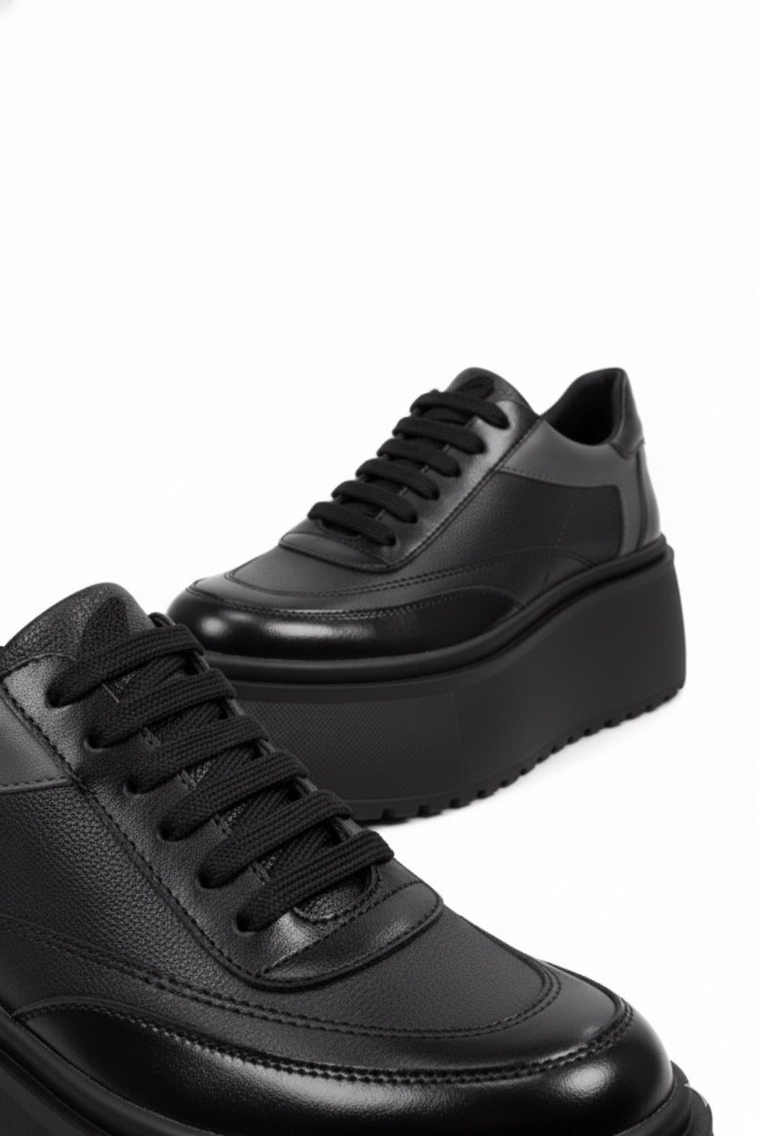 Hakiki Deri, Monokrom Siyah Platform Sneaker
