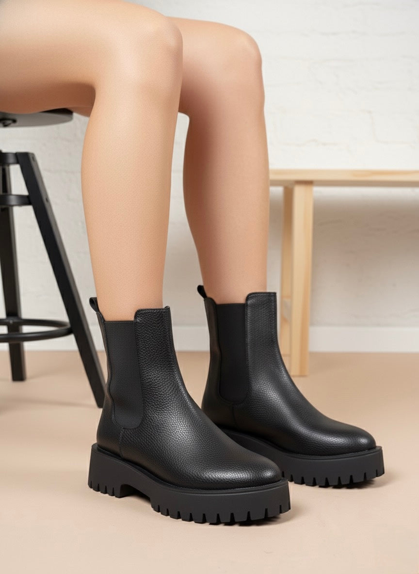 Siyah Grenli Deri Görünümlü Kalın Taban Bot