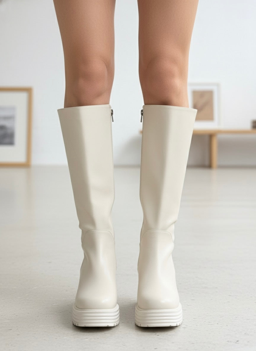 Ekru Rengi Kalın Tabanlı ve Blok Topuklu Uzun Bot
