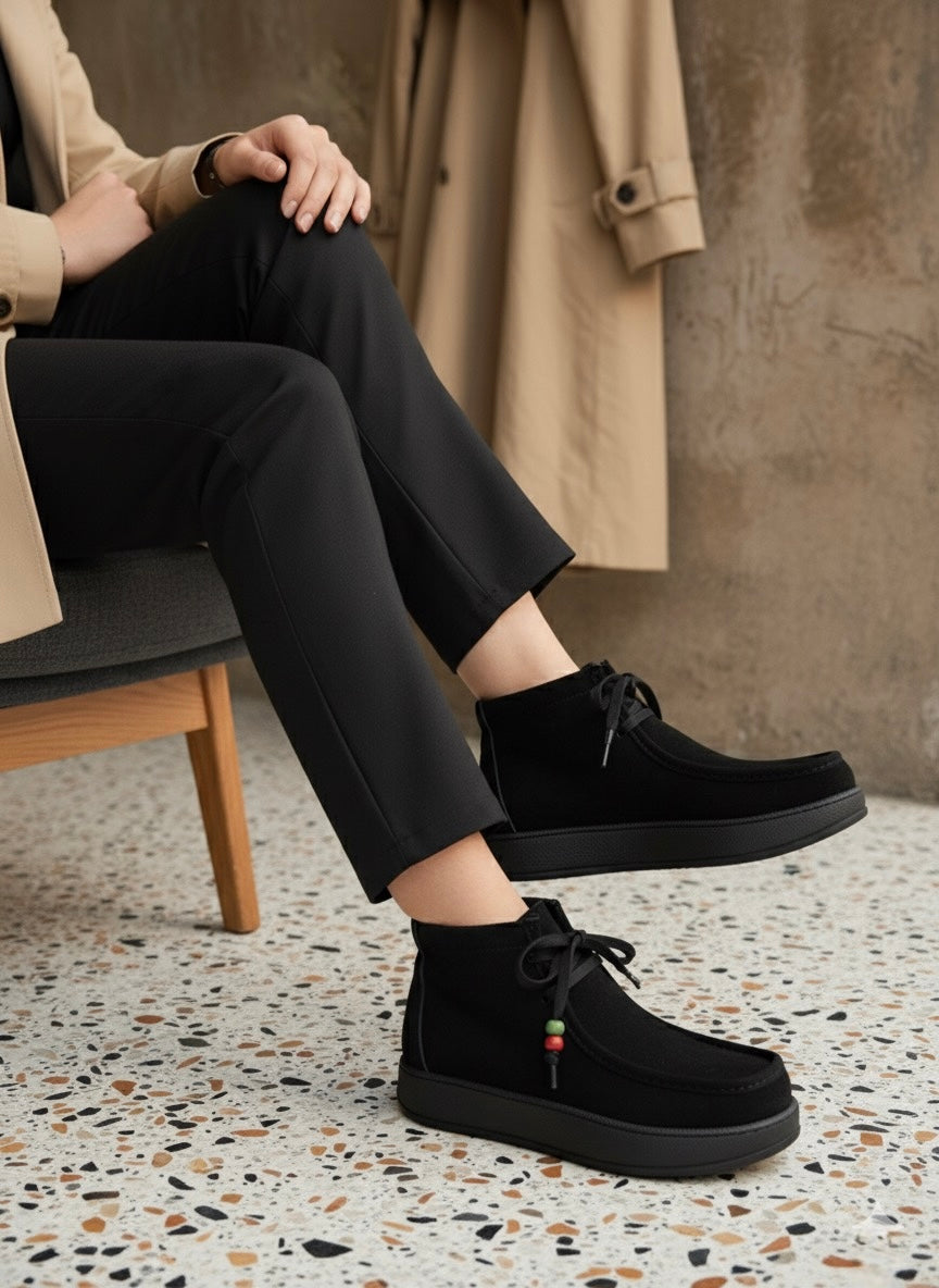 Süet Wallabee Tarzı, Boncuk Detaylı Siyah Bot