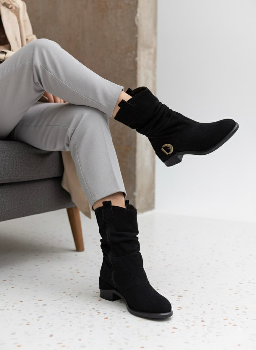 Süet Görünümlü, Tokalı Büzgülü Siyah Western Bot