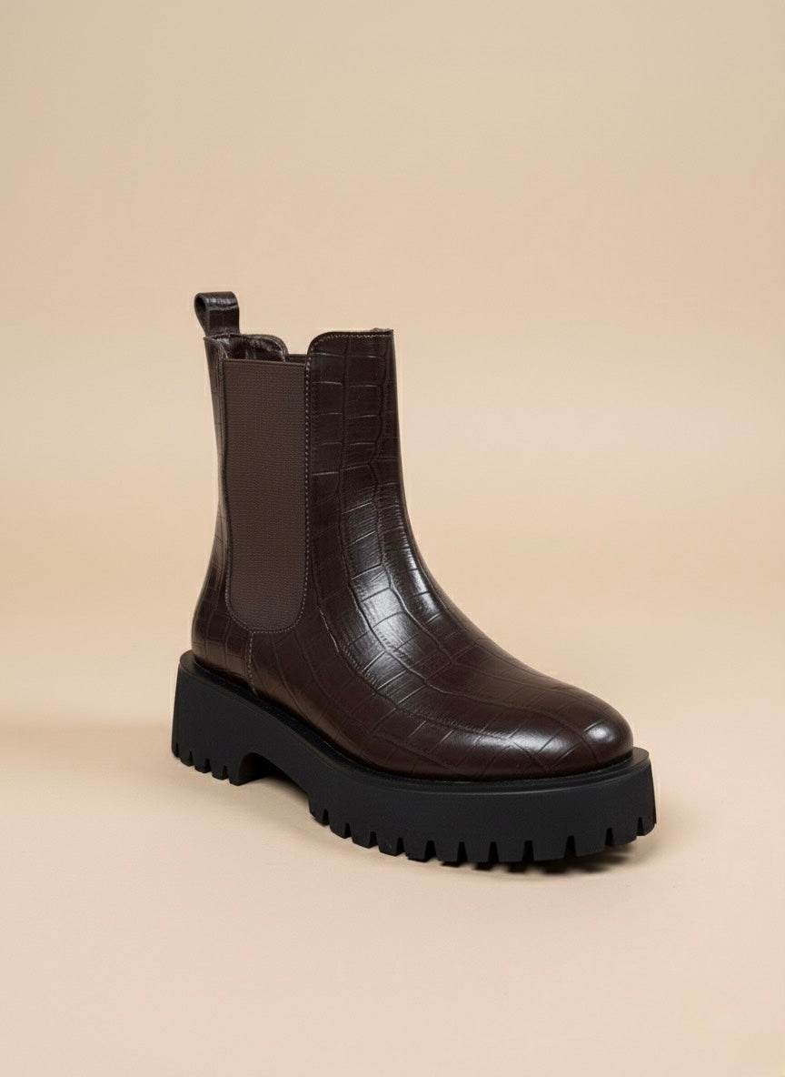 Croc-Effect Contrast | Kahve Timsah Desenli Siyah Kalın Taban Chelsea Bot