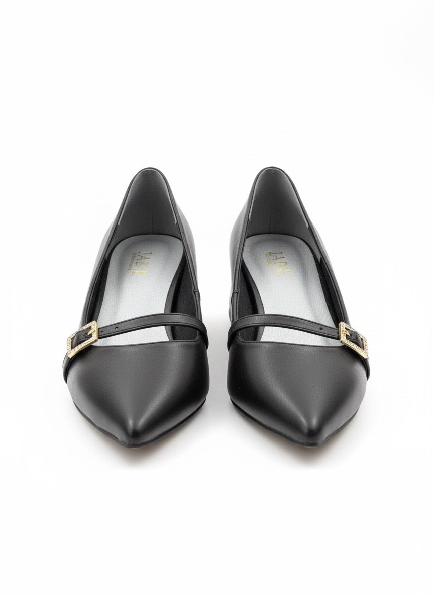  Taş Tokalı Siyah Sivri Burun Alçak Topuk Mary Jane