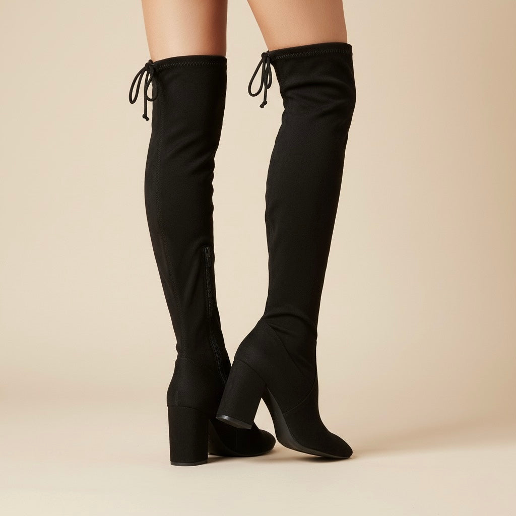 Siyah Süet, Bağcık Detaylı Diz Üstü Çizme