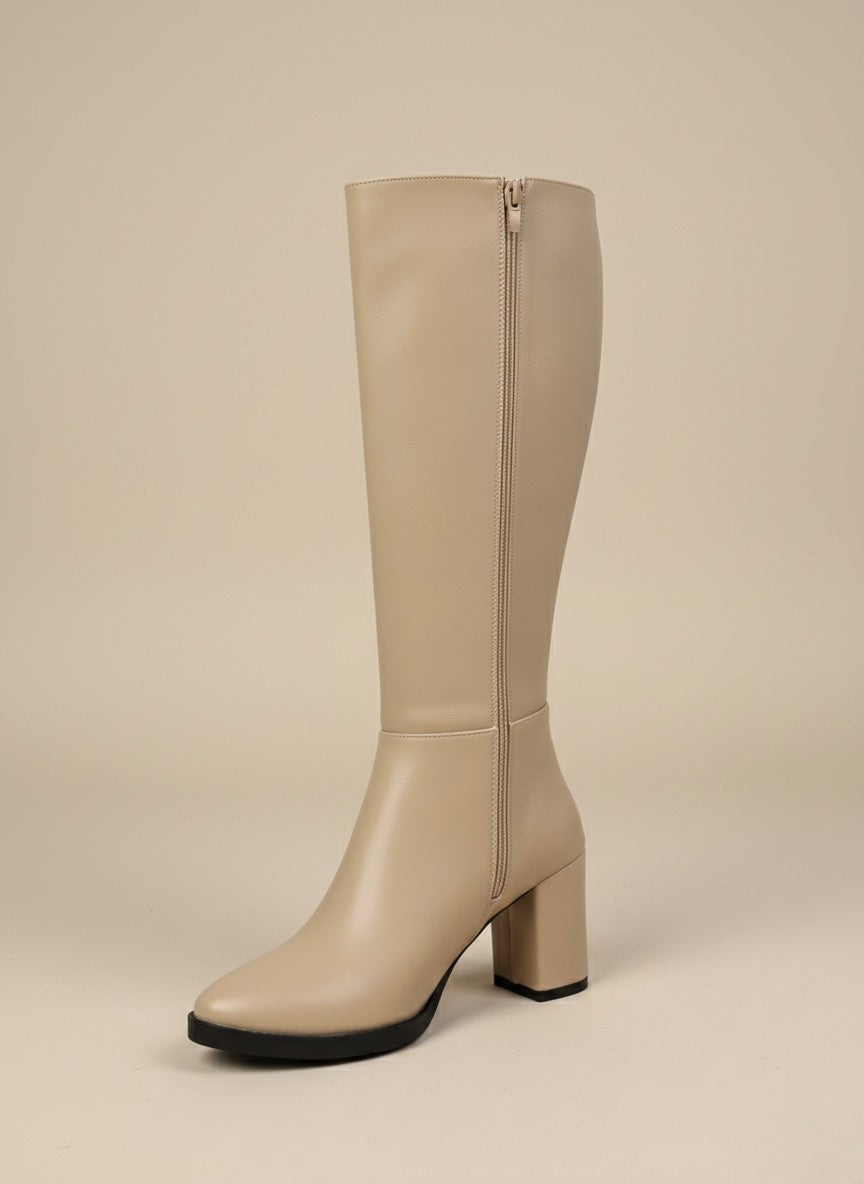 Bej Klasik Blok Topuk Uzun Bot