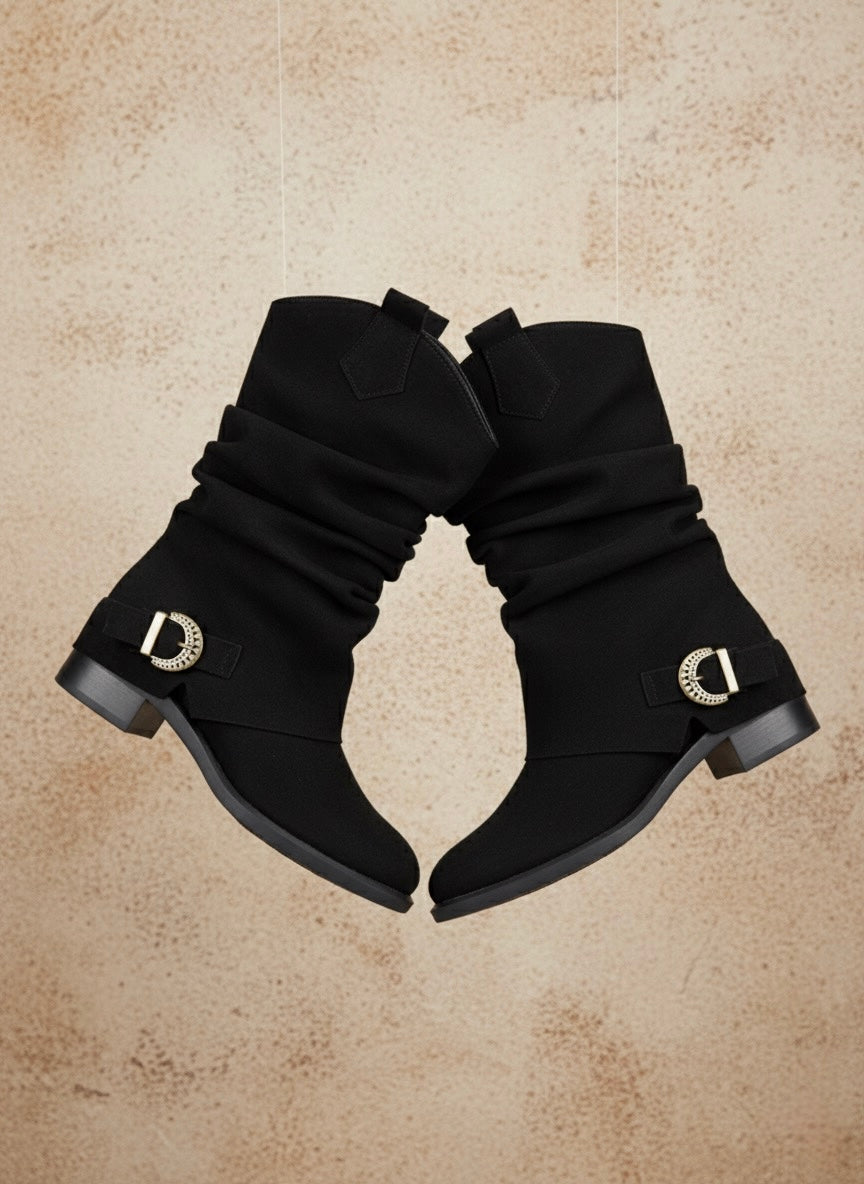 Süet Görünümlü, Tokalı Büzgülü Siyah Western Bot