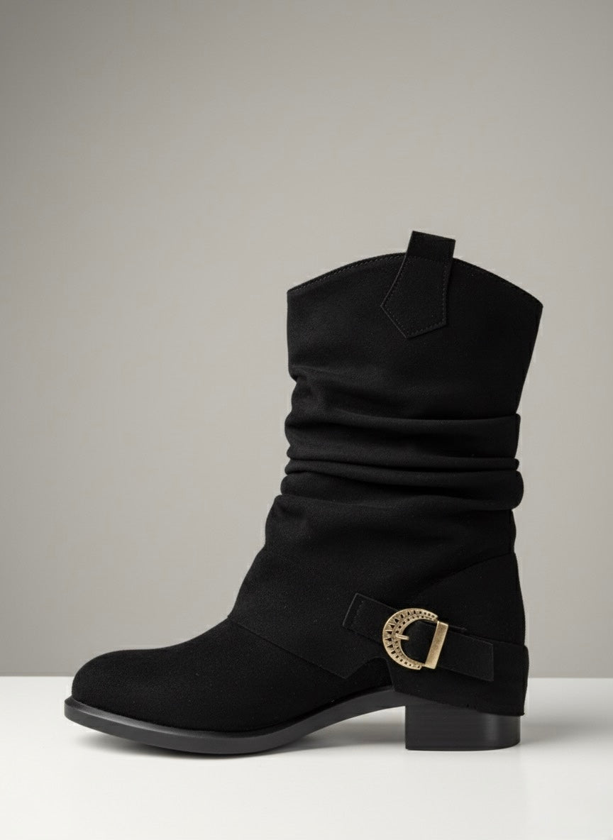 Süet Görünümlü, Tokalı Büzgülü Siyah Western Bot