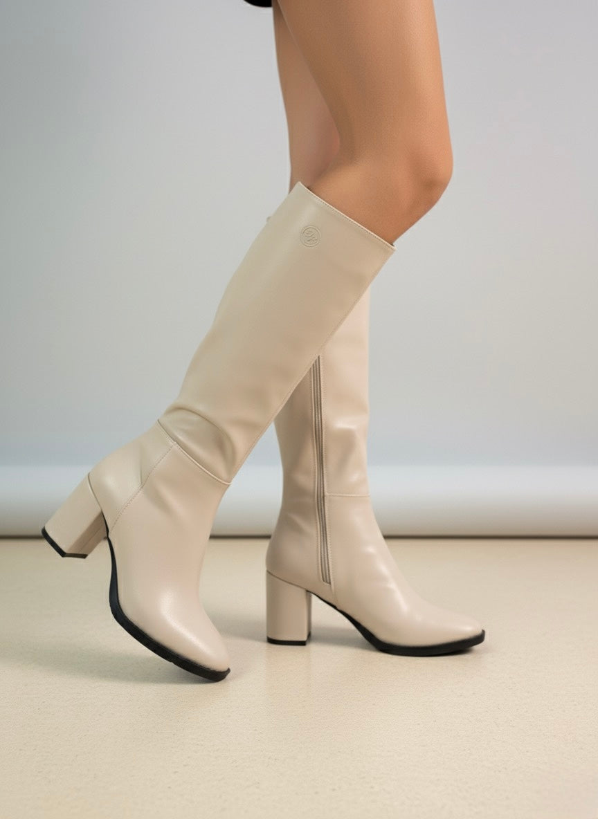 Bej Blok Topuk Kadın Çizme