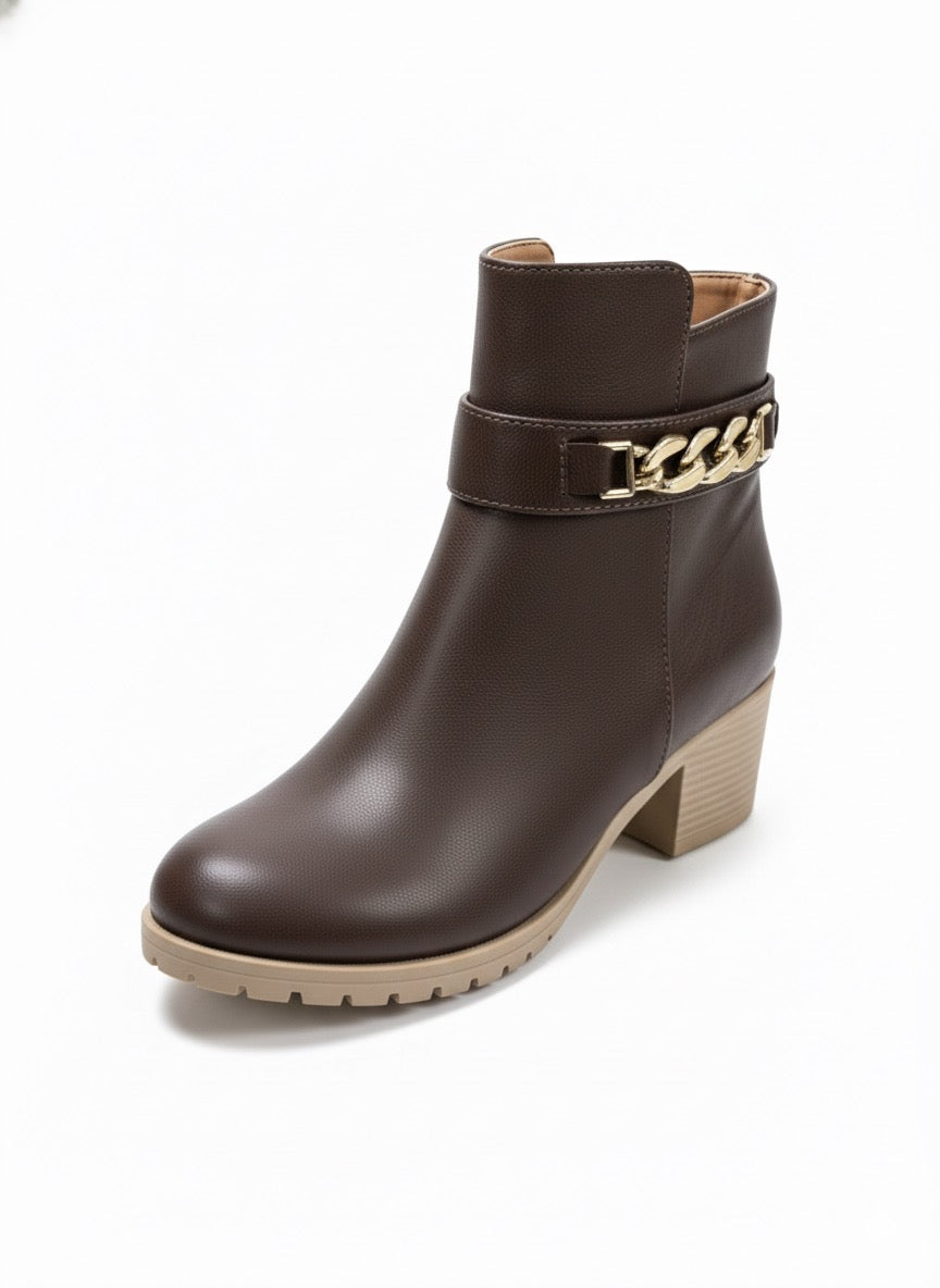 Golden Link | Zincir Detaylı, Zıt Tabanlı Kahverengi Blok Topuk Bot