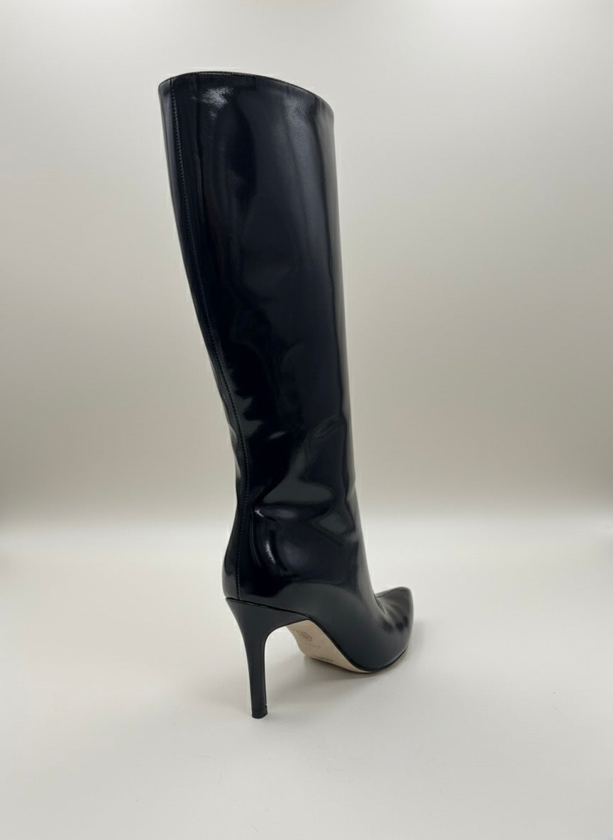 Patent Diva | Parlak Vernikli Siyah Sivri Burun İnce Topuk Uzun Bot