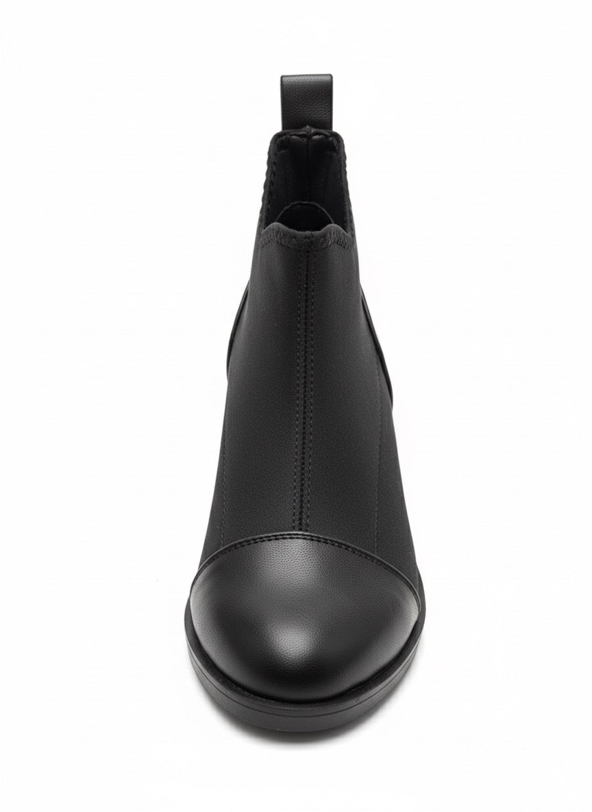 Siyah Streç ve Deri Görünümlü Düz Chelsea Bot