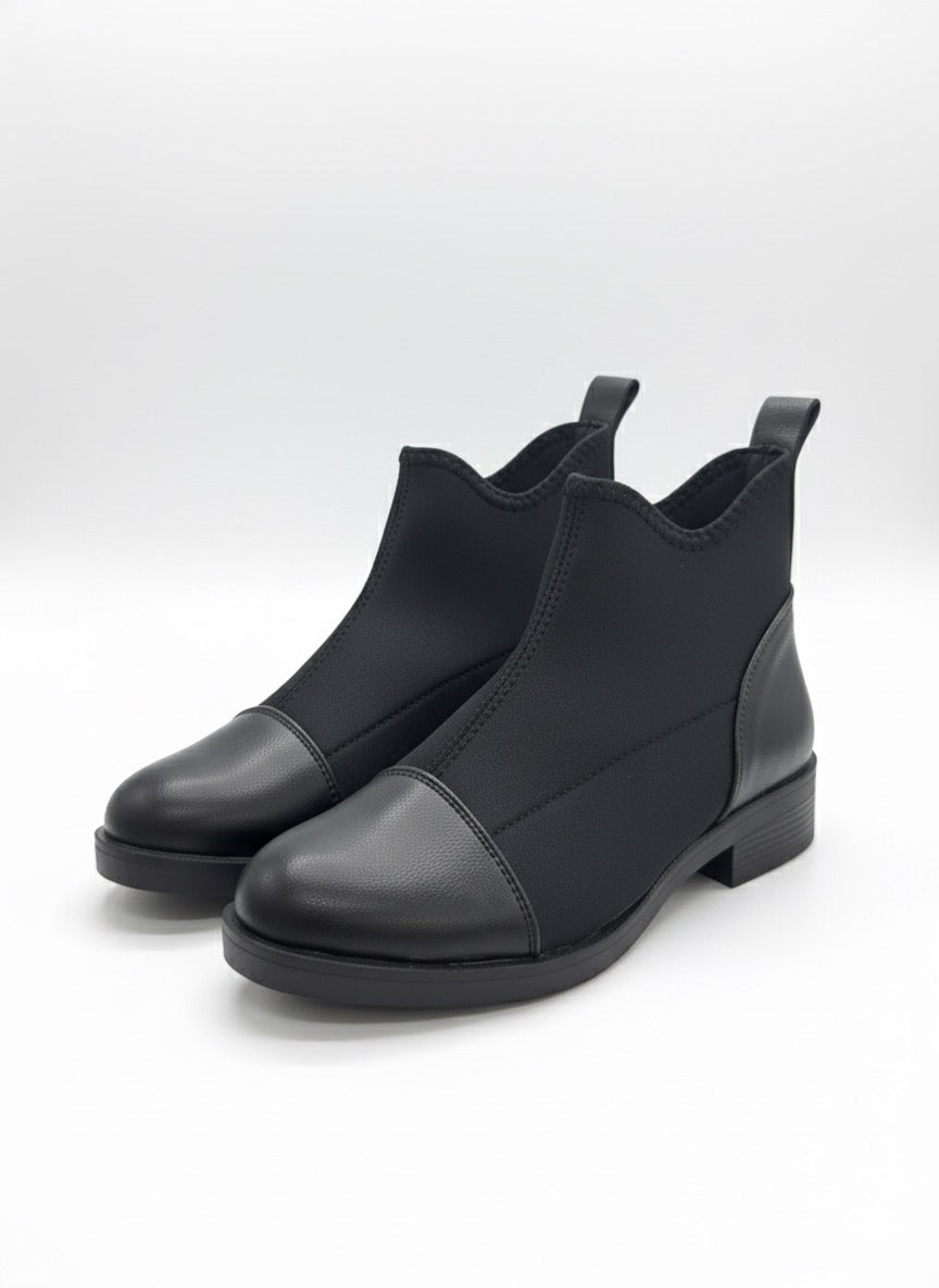 Siyah Streç ve Deri Görünümlü Düz Chelsea Bot