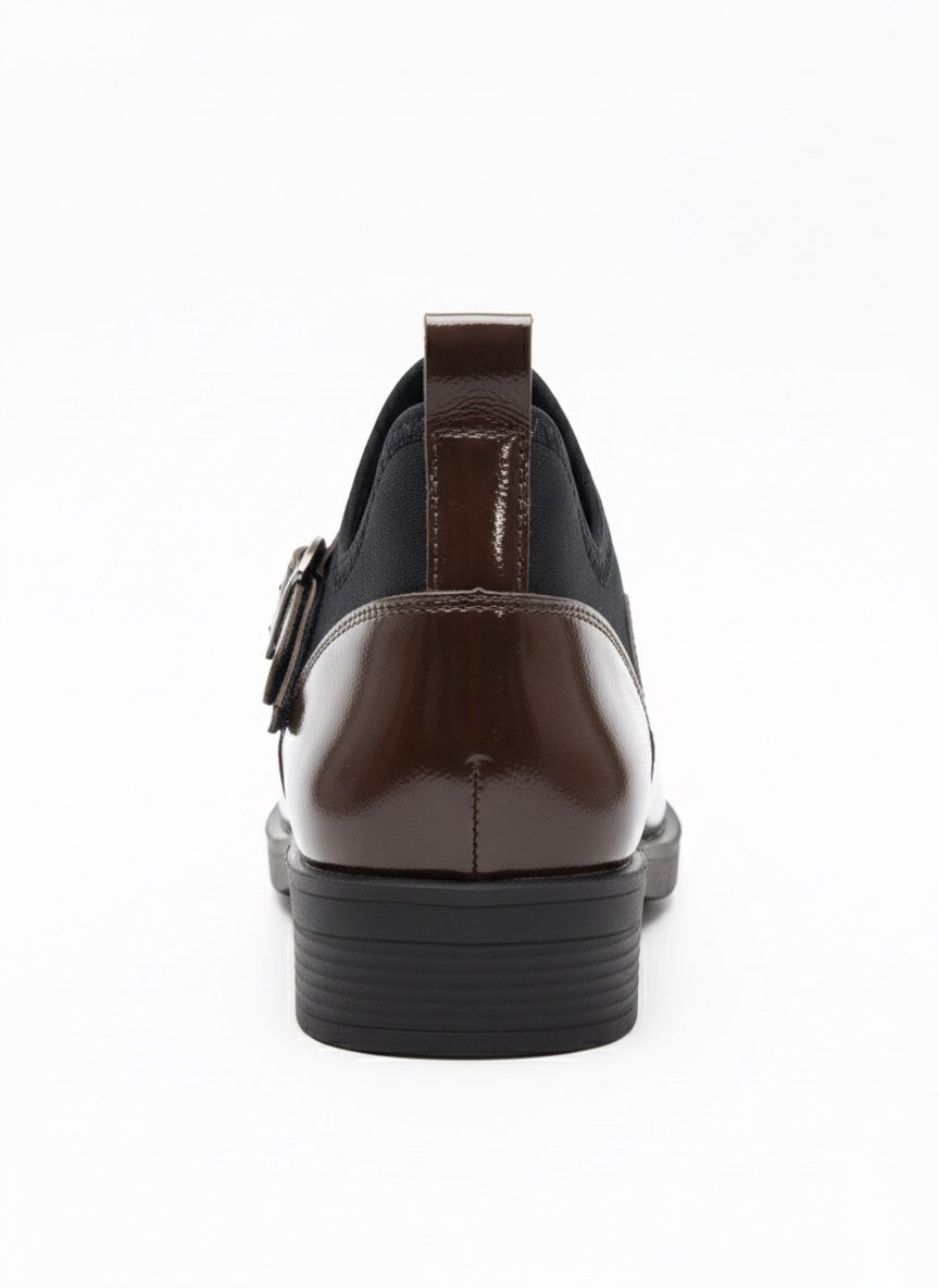  Parlak Kahve Deri ve Siyah Kumaş Tokalı Bot