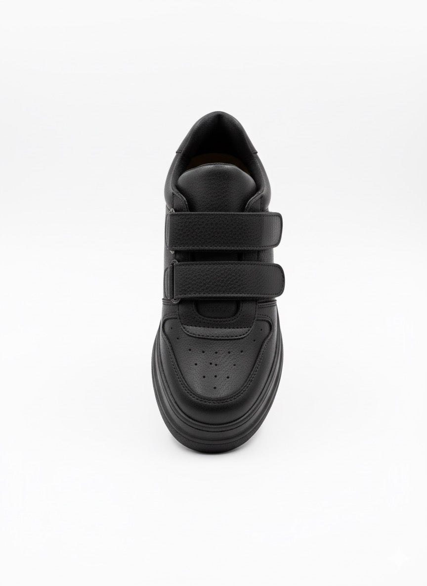 Siyah Deri Görünümlü, Çift Cırt Cırtlı Platform Sneaker