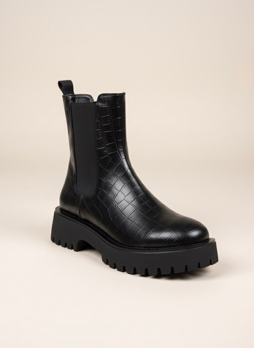 Croc-Effect Lug Sole | Siyah Timsah Desenli Kalın Taban Chelsea Bot