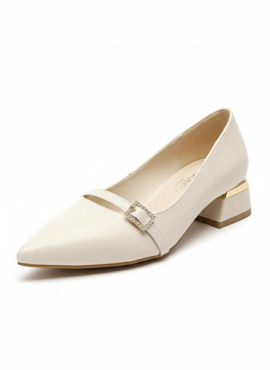 Taş Tokalı Ekru Sivri Burun Alçak Topuk Ayakkabı