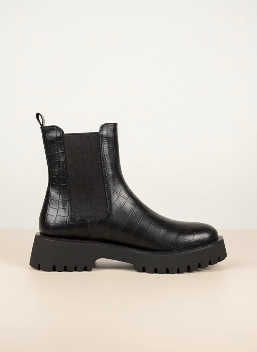 Croc-Effect Lug Sole | Siyah Timsah Desenli Kalın Taban Chelsea Bot