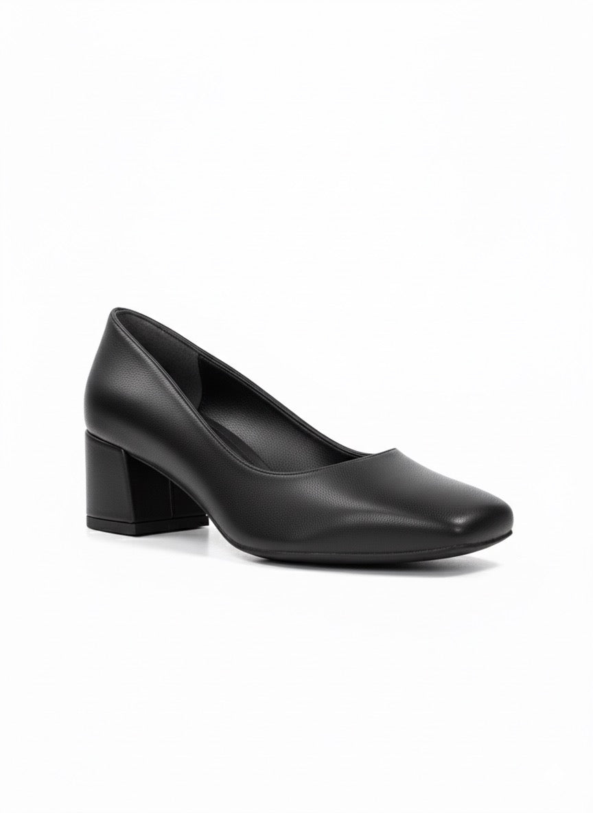 Siyah Küt Burunlu Kalın Blok Topuklu Klasik Ayakkabı