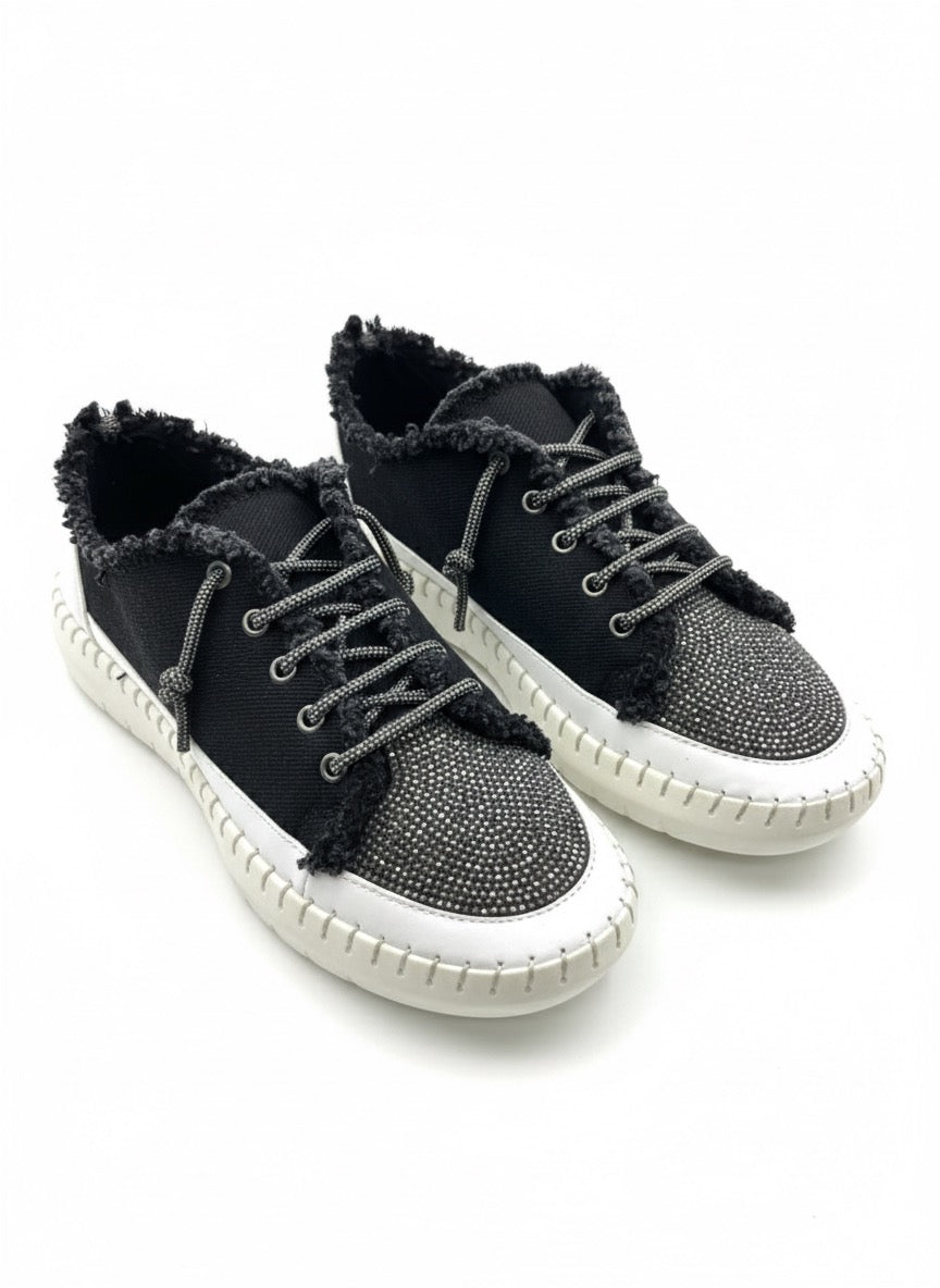  Parçalı Siyah Kanvas ve Taş Detaylı Günlük Sneaker
