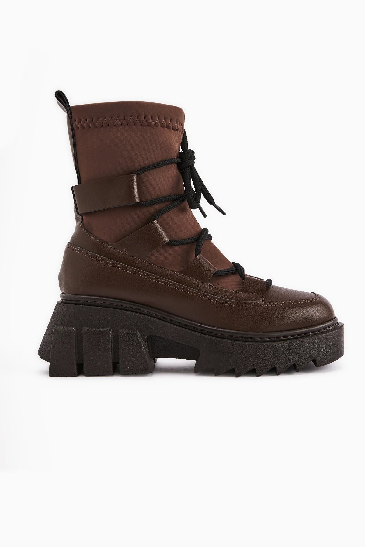 Kahve Streç Bilekli, Kalın Taban Bağcıklı Bot