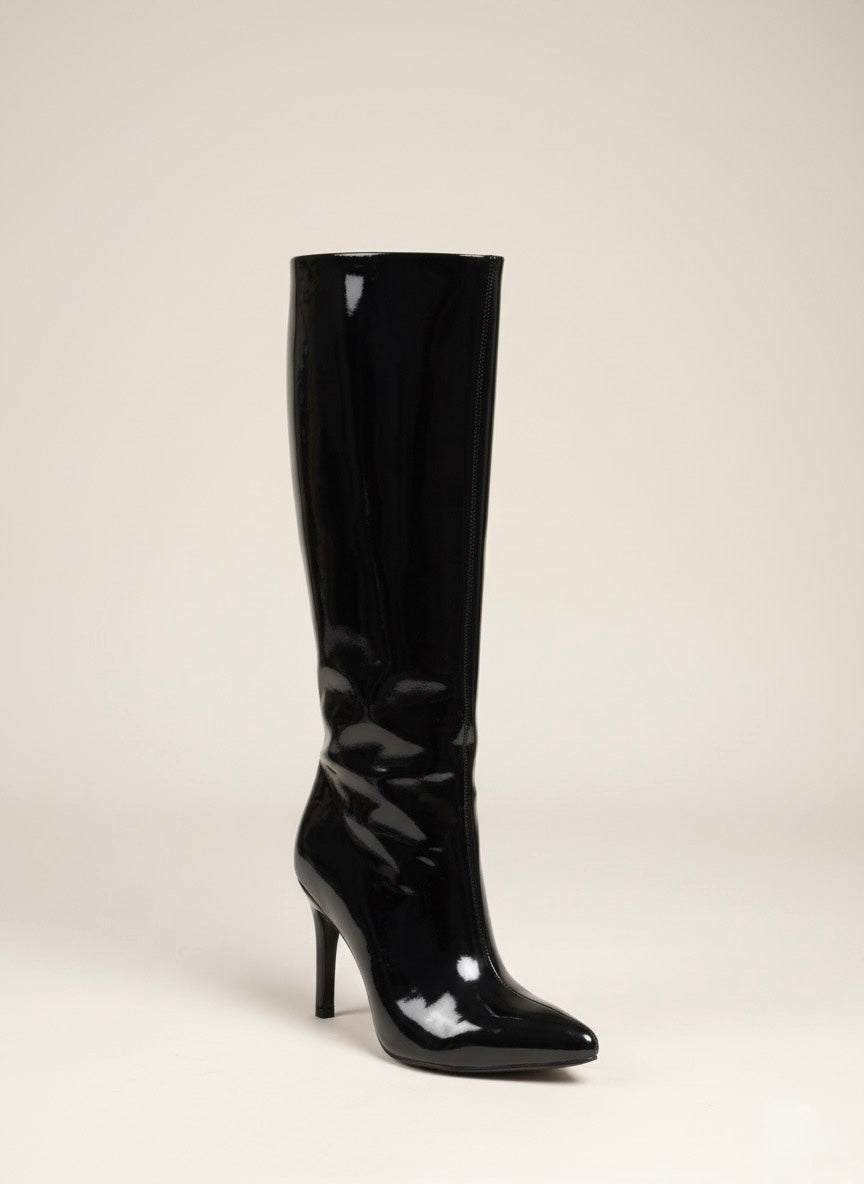 Patent Diva | Parlak Vernikli Siyah Sivri Burun İnce Topuk Uzun Bot