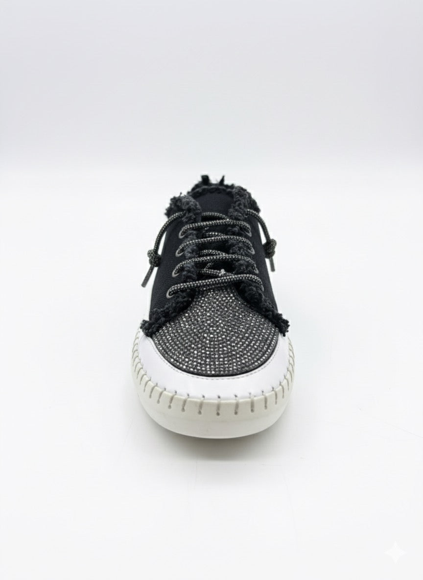  Parçalı Siyah Kanvas ve Taş Detaylı Günlük Sneaker