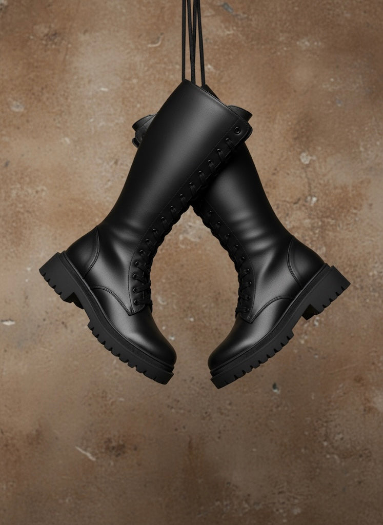 Uzun Bağcıklı, Kalın Tabanlı Siyah Combat Çizme