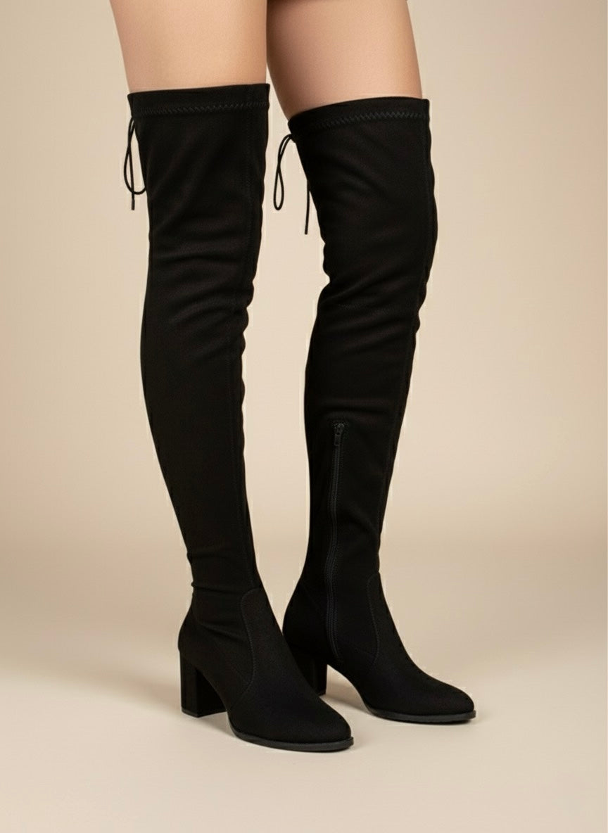 Siyah Süet, Bağcık Detaylı Diz Üstü Çizme