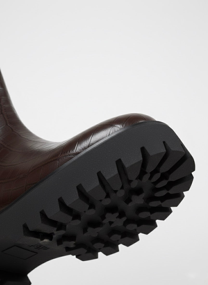 Croc-Effect Contrast | Kahve Timsah Desenli Siyah Kalın Taban Chelsea Bot