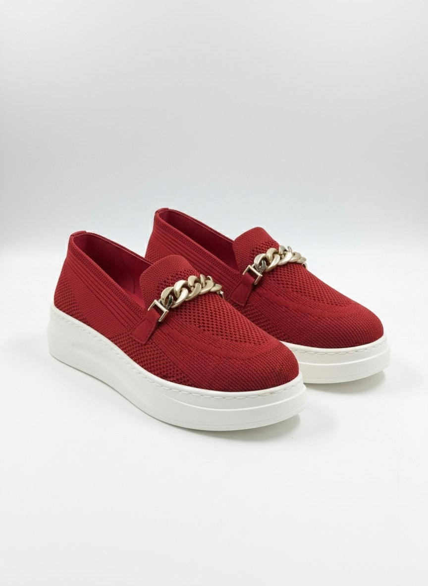 Bordo Örgü Kumaş, Gold Zincir Detaylı Beyaz Platform Ayakkabı