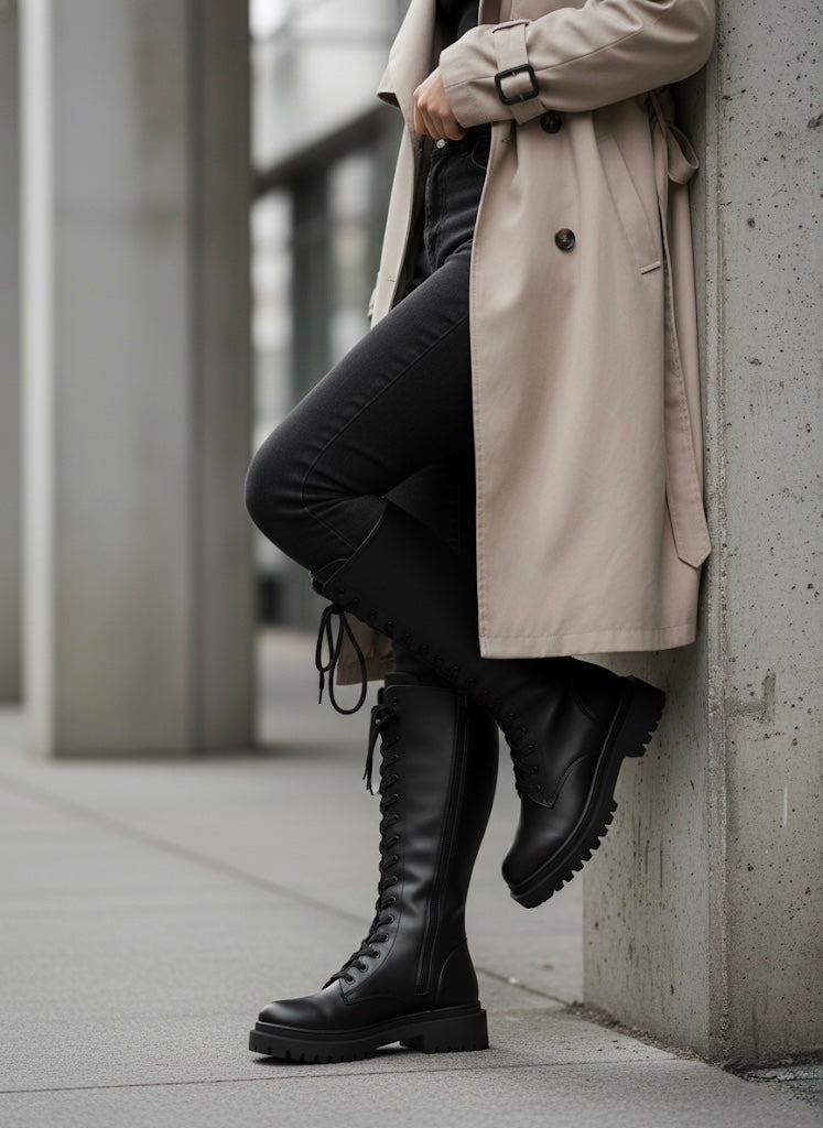 Uzun Bağcıklı, Kalın Tabanlı Siyah Combat Çizme