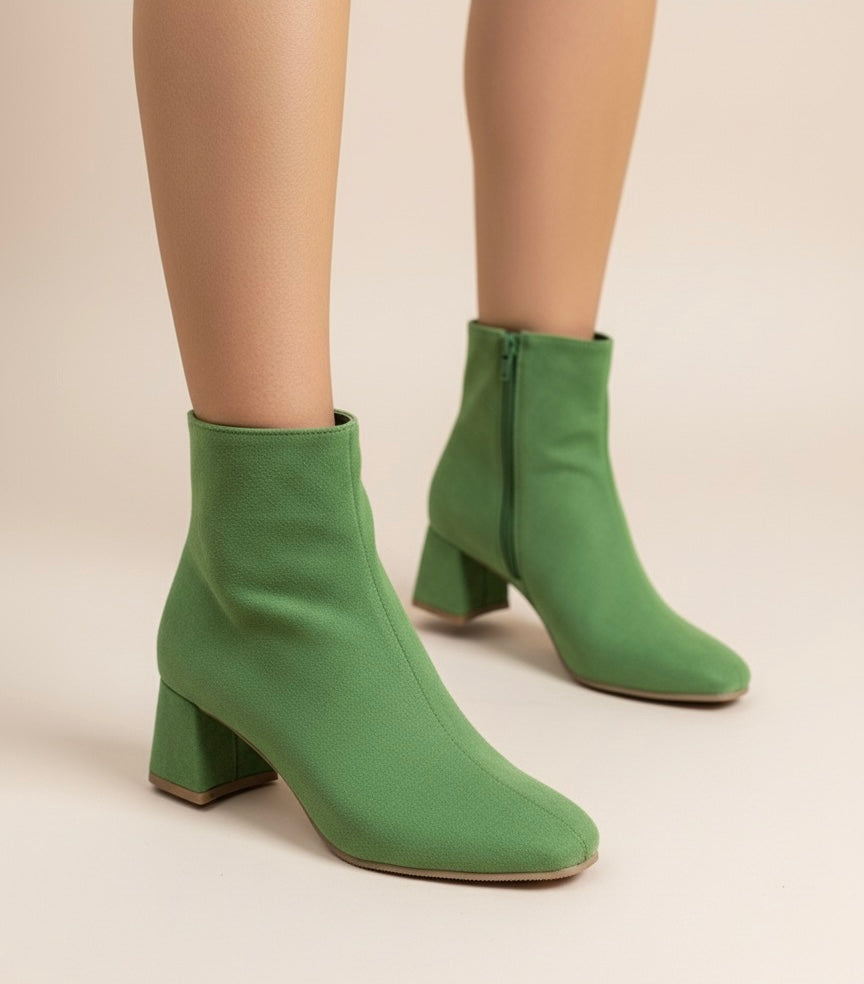 Yeşil Kumaş Küt Burun Blok Topuk Bot
