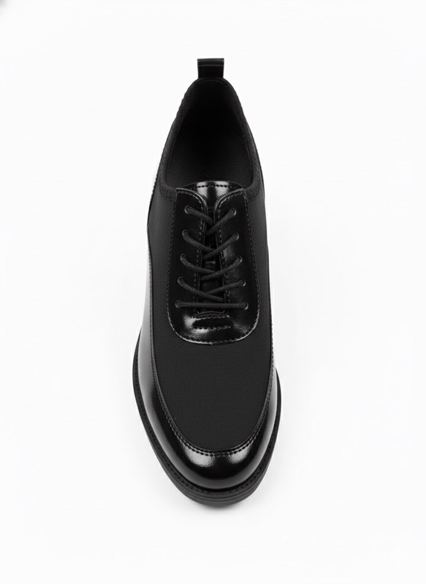 Siyah Parlak Deri ve Mat Kumaş Bağcıklı Oxford Ayakkabı