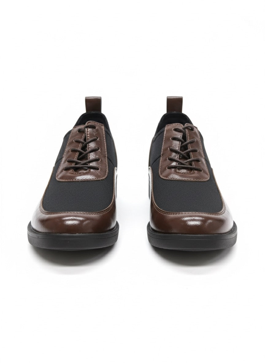 Kahve Parlak Deri ve Siyah Kumaş Bağcıklı Oxford Ayakkabı