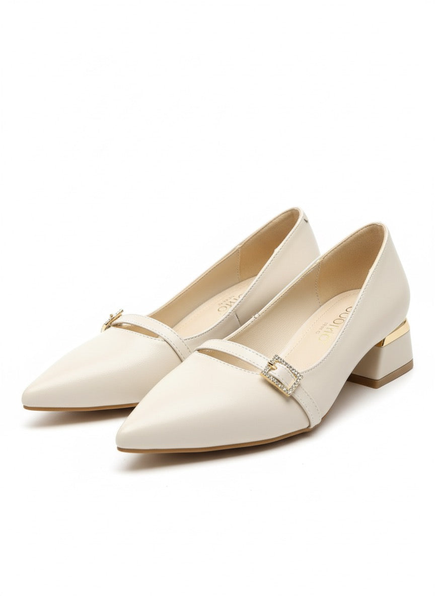 Taş Tokalı Ekru Sivri Burun Alçak Topuk Ayakkabı