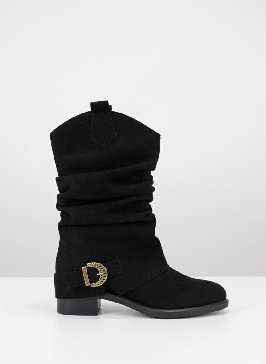 Süet Görünümlü, Tokalı Büzgülü Siyah Western Bot