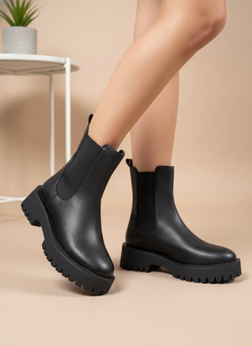 Siyah Grenli Deri Görünümlü Kalın Taban Bot