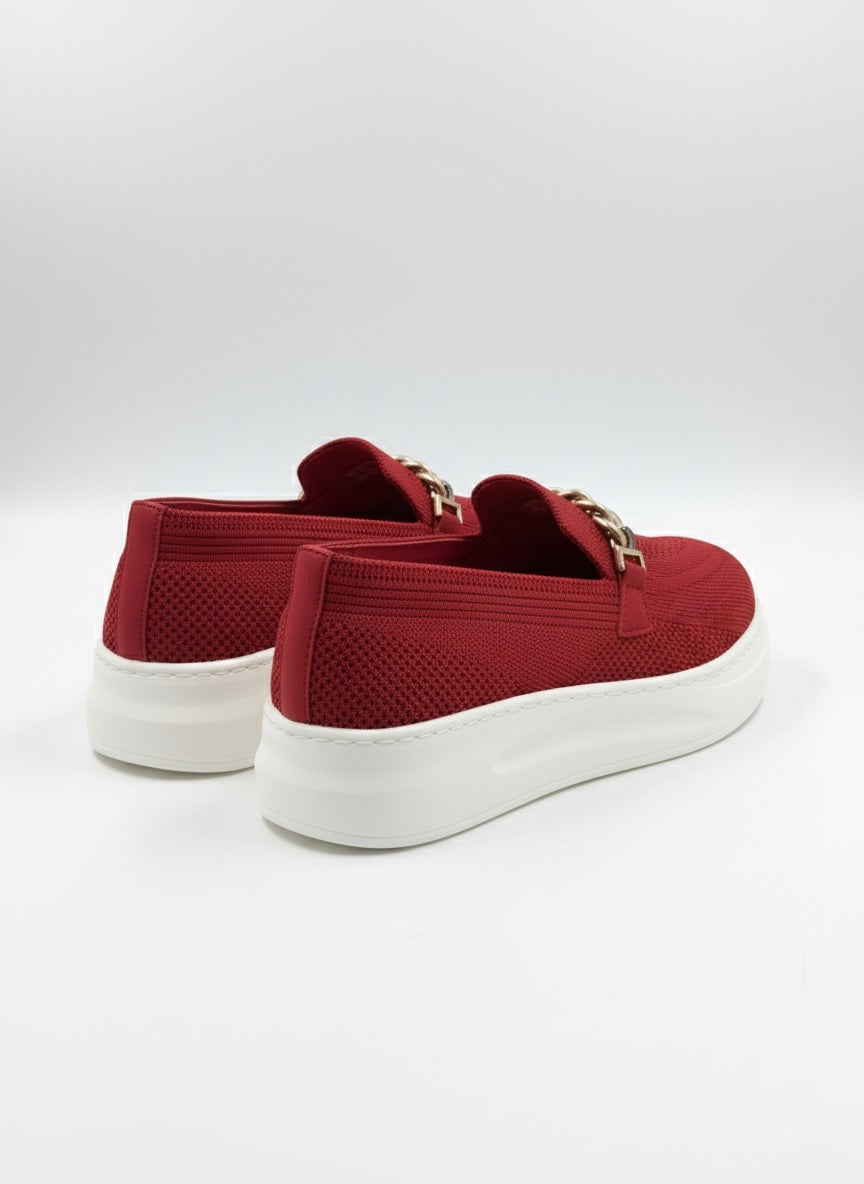 Bordo Örgü Kumaş, Gold Zincir Detaylı Beyaz Platform Ayakkabı