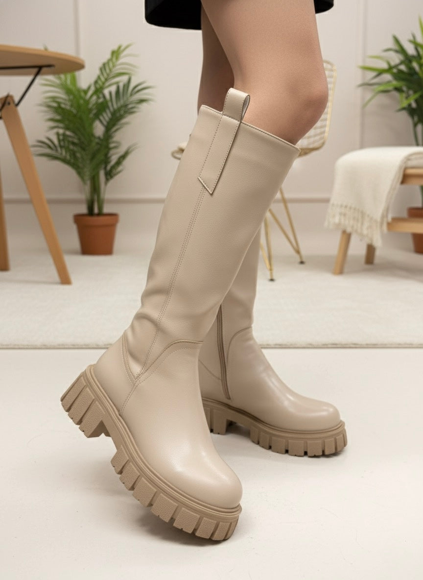 Elegant Nude Kalın Tabanlı Uzun Çizme