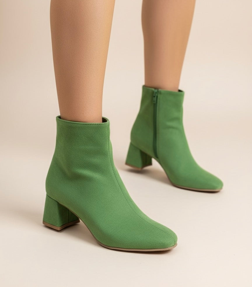 Yeşil Kumaş Küt Burun Blok Topuk Bot