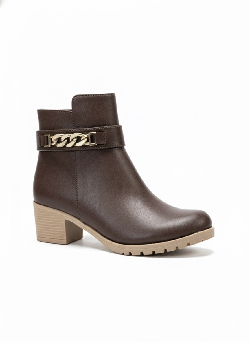 Golden Link | Zincir Detaylı, Zıt Tabanlı Kahverengi Blok Topuk Bot