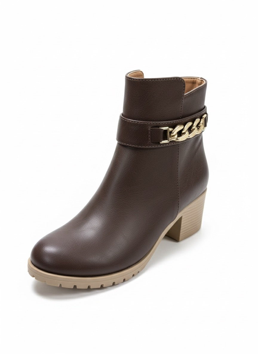 Golden Link | Zincir Detaylı, Zıt Tabanlı Kahverengi Blok Topuk Bot